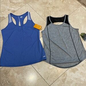 Fitted Blue and Gray Cut Out Tank Tops